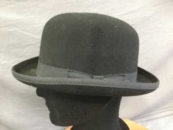 Mens, Bowler Hat 1890s-1910s, DORFMAN PACIFIC, Black, Wool, 7 1/4, Grosgrain Hat Band with Bow, Felted Wool, Derby Hat, Multiples,