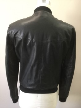 Mens, Leather Jacket, BLK DNM, Black, Leather, Medium, Zip Front, Rib Knit Cuffs and Collar, Quilted Interior