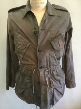 N/L, Gray, Cotton, Solid, 6 Button Front, Hip Length, Drawstring At Waist, 4 Pockets, Epaulettes At Shoulders, No Lining, Overall Teched/Worn Down Appearance