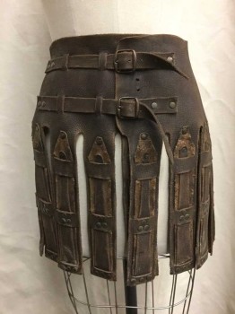 Mens, Historical Fiction Skirt, NO LABEL, Brown, Leather, 30, Made To Order, Double Buckle Closure, Layered Leather Strips, Metal Grommets