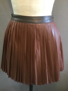 BLOSSOM & CLOVER, Brown, Taupe, Faux Leather, Solid, Brown Micropleated, with 1.5" Wide Taupe Waistband, Invisible Zipper At Side, Hem Mini,  Brown Fabric Lining