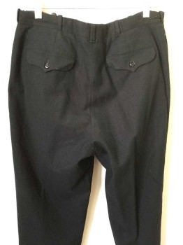 Mens, Pants 1890s-1910s, NO LABEL, Black, Wool, Solid, 30, 32, Flat Front, Button Fly, Back Welt Pockets with Button Down Flaps, Belt Loops, Suspender Buttons, Small Hole In Back Seam
