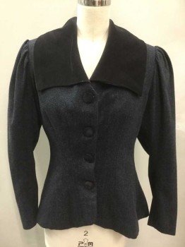 Womens, Jacket 1890s-1910s, N/L, Dk Blue, Black, Wool, Herringbone, Solid, B:34, Herringbone Body, Solid Black Velvet Rectangular Collar and 4 Covered Buttons, Puffy  Leg O Mutton Sleeves with Gathering At Shoulders, Padded Shoulders, Pleated Vent Detail At Center Back Hem, Made To Order,