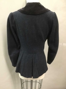N/L, Dk Blue, Black, Wool, Herringbone, Solid, Herringbone Body, Solid Black Velvet Rectangular Collar and 4 Covered Buttons, Puffy  Leg O Mutton Sleeves with Gathering At Shoulders, Padded Shoulders, Pleated Vent Detail At Center Back Hem, Made To Order,