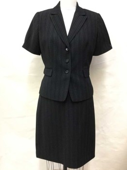 Womens, 1990s Vintage, Suit, Jacket, TAHARI, Black, White, Polyester, Rayon, Stripes - Vertical , 8, 3 Buttons,  Short Sleeve,  Peaked Lapel, 2 Pockets with Flaps. Button Pleats At Sleeve Cuffs. Broken Pin Stripe