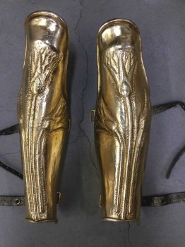 Unisex, Historical Fiction Greaves, N/L, Gold, Metallic/Metal, Floral, Gold W/tulips Embossed, 2 Sprayed Gold Leather Straps W/gold Buckle (right Side the Gold Is Wearing Off on Top Part)