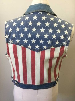 FOREVER 21, Blue, Red, White, Cotton, Polyester, Solid, American Flag Print, 6 Buttons, 2 Breast Pockets