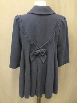 Childrens, Coat 1890s-1910s, NO LABEL, Navy Blue, Wool, Solid, 30, 28, Girls Coat, 3/4 Sleeves, Two Bows On Front, Back Bow Detail, Button Front, Peter Pan Collar, Puff Sleeves