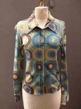 N/L, Sage Green, Tan Brown, Brown, Teal Blue, Sea Foam Green, Rayon, Nylon, Novelty Pattern, Long Sleeves, Button Front, Collar Attached, Brush Stroke Circle Pattern, Knit, Early 1990's