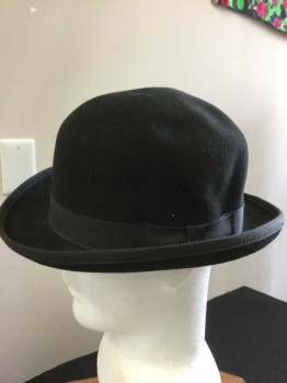 Mens, Bowler/Derby , GOLDEN GATE HAT COMP, Black, Wool, Solid, 7 1/8, Black Gross Grain Ribbon Hat Band, See Photo Attached,