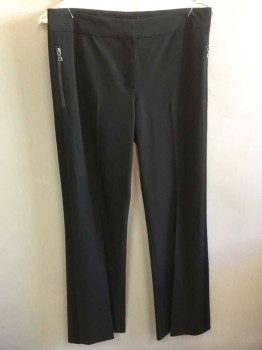 ELIE TAHARI, Black, Polyester, Spandex, Solid, Mid Rise, Boot Cut Leg, Grosgrain Outseam Stripe, Zip Fly, 4 Pockets, 2 Front Pockets are Zip Pockets