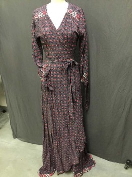 NATALIE MARTIN, Purple, Lavender Purple, Red, Pink, Rayon, Cotton, Floral, Wraparound V-neck, Long Sleeves, Floor Length