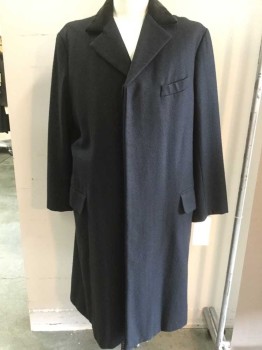Mens, Coat 1890s-1910s, MTO, Black, Wool, Solid, 46, *missing a Button, Supposed to Be 5 Button Front, Hidden Button Placket, Black Velvet Lined Collar, Full Length, 3 Pockets,