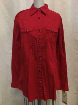 Womens, Shirt, WRANGLER, Ruby Red, Cotton, Spandex, Solid, S, Ruby Red, Ruby Rhinestone Snap Front, Collar Attached, Long Sleeves, 2 Pockets