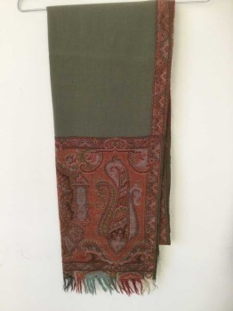 N/L, Olive Green, Cotton, Solid, Paisley/Swirls, Solid Olive with Multicolor Paisley Panel at Ends and 1.25" Wide Edging, Self Threads Fringe at Ends,