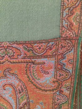 Womens, Shawl 1890s-1910s, N/L, Olive Green, Cotton, Solid, Paisley/Swirls, Solid Olive with Multicolor Paisley Panel at Ends and 1.25" Wide Edging, Self Threads Fringe at Ends,