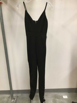 Womens, Jumpsuit, Privy, Black, Polyester, Solid, S, V-neck, Spaghetti Straps, Lace Up Side Legs