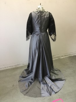 Womens, Evening Dress 1890s-1910s, N/L (MTO), Gray, Black, Cream, Polyester, Cotton, Solid, Floral, W32, B40, Gray Taffeta Dress. Square Neckline with Black & Cream Lace Trim. 3/4 Length Taffeta Sleeves with Jetted Black Beaded Lace Cuffs & Black & Cream Lace Trim with Black Lace Overlay Mantel Sleeves. Lace Sleeves Terribly Frayed, Supported with Black Tulle. Hook & Eye Closure at Center Back Bodice. Skirt with Self Train,