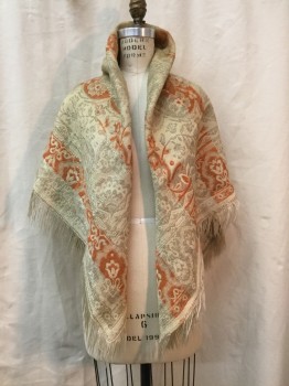 N/L, Cream, Orange, Wool, Silk, Abstract , Floral, Aged/Distressed,  Repaired,