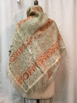 Womens, Shawl 1890s-1910s, N/L, Cream, Orange, Wool, Silk, Abstract , Floral, 45"sq, Aged/Distressed,  Repaired,