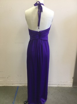 BCBG, Purple, Polyester, Solid, Faux Silk, Halter Strap, Blousey/ Pleated Bodice with Twist Detail, Front Seam Skirt with Flutter Detail, High Slit