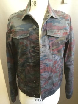 J BRAND, Olive Green, Gray, Black, Paprika Red, Rust Orange, Cotton, Lycra, Camouflage, Denim Style, Button Front, Flap Pockets, Collar Attached,
