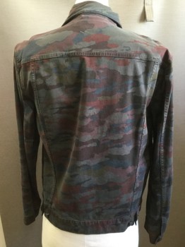 J BRAND, Olive Green, Gray, Black, Paprika Red, Rust Orange, Cotton, Lycra, Camouflage, Denim Style, Button Front, Flap Pockets, Collar Attached,