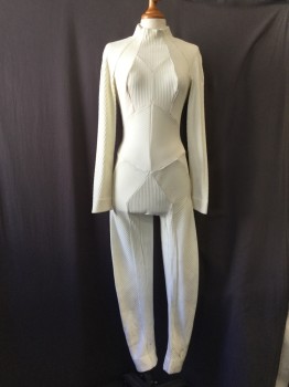 Womens, Sci-Fi/Fantasy Jumpsuit, MTO, Cream, Spandex, Stripes - Shadow, 26, 34, 38, Made To Order, Mock neck, 2 Front Zippers From Armpits to Neck, Raglan Long Sleeves, 4 Way Stretch, Jumpsuit of the Future