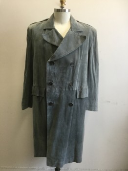 Mens, Coat, Trenchcoat, N/L, Gray, Suede, Solid, XXL, Double Breasted, Collar Attached, Peaked Lapel, 2 Flap Pockets, Tab Button Back Waist, Epaulets, Slit Back, Pleated From Back Waist to Hem