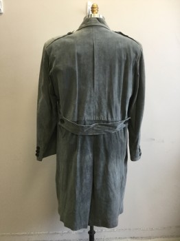 Mens, Coat, Trenchcoat, N/L, Gray, Suede, Solid, XXL, Double Breasted, Collar Attached, Peaked Lapel, 2 Flap Pockets, Tab Button Back Waist, Epaulets, Slit Back, Pleated From Back Waist to Hem