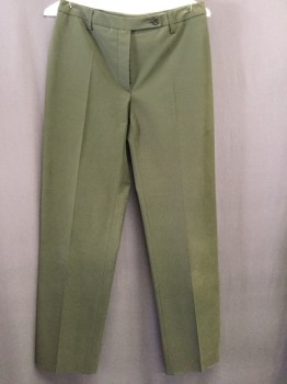 PRADA, Olive Green, Polyester, Rayon, Solid, Flat Front, Front Crease