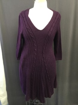 NY COLLECTION, Purple, Acrylic, Solid, Knit Dress, V-neck, 3/4 Sleeves, Flared, Cable Knit and Ribbing