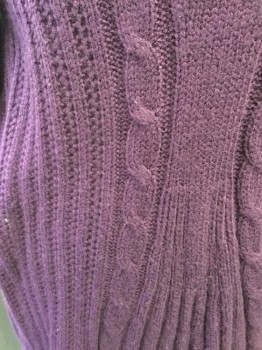 NY COLLECTION, Purple, Acrylic, Solid, Knit Dress, V-neck, 3/4 Sleeves, Flared, Cable Knit and Ribbing