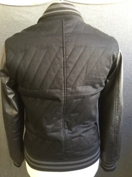 INC, Black, Gray, Cotton, Polyester, Solid, Stripes, Rib Knit Collar,/ Waist/ Cuffs Black with Grey Stripes, Quilted Jacket, Slit Pockets, Pleather Sleeves, Zip Front, Purple Lining