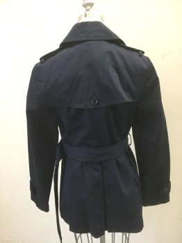 BANANA REPUBLIC, Navy Blue, Cotton, Solid, Short/Hip Length Trench Coat, Twill, Double Breasted, Pleated Peplum Waist, Epaulettes at Shoulders, Belt Loops, **2 Piece: with Matching Self Fabric BELT with Black Plastic Buckle
