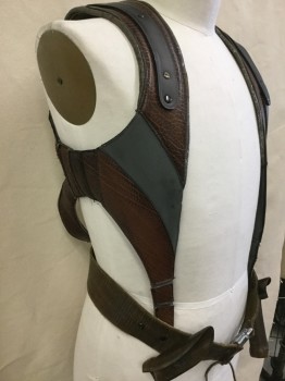 Mens, Vest, MTO, Brown, Steel Blue, Black, Leather, Neoprene, Abstract , Color Blocking, M, Brown Leather with Steel Blue Neoprene Inlay Detail Work, Brown Belt with Metal Hook, Holster for Weapons at Waist