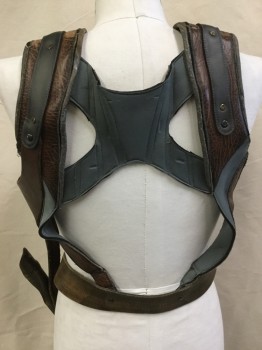 Mens, Vest, MTO, Brown, Steel Blue, Black, Leather, Neoprene, Abstract , Color Blocking, M, Brown Leather with Steel Blue Neoprene Inlay Detail Work, Brown Belt with Metal Hook, Holster for Weapons at Waist