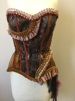 Womens, Sci-Fi/Fantasy Corset, LARA CORSETS, Copper Metallic, Ballet Pink, Burnt Orange, Black, Mauve Pink, Silk, Color Blocking, W 26, B 36, Burnt Orange Silk Covered Boning, Black Lace Front Over Pale Pink, Ruffle Trim, Ruffle Trim Around Right Breast and Left Hip, Lace Up Back, Padded Hips, Black Lace, Magenta/White Feathers, Magenta/Burnt Orange Velvet Ribbon Dangling Off of Left Hip, SciFi Fantasy Can-Can Girl