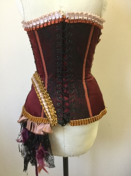 Womens, Sci-Fi/Fantasy Corset, LARA CORSETS, Copper Metallic, Ballet Pink, Burnt Orange, Black, Mauve Pink, Silk, Color Blocking, W 26, B 36, Burnt Orange Silk Covered Boning, Black Lace Front Over Pale Pink, Ruffle Trim, Ruffle Trim Around Right Breast and Left Hip, Lace Up Back, Padded Hips, Black Lace, Magenta/White Feathers, Magenta/Burnt Orange Velvet Ribbon Dangling Off of Left Hip, SciFi Fantasy Can-Can Girl