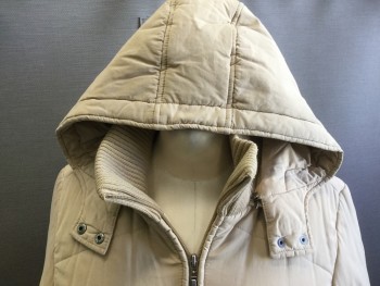 Womens, Coat, Winter, S. OLIVER, Khaki Brown, Cotton, Polyester, Solid, S, Quilted Long Coat, Zip Front, 2 Zip Pockets, Ribbed Knit Stand Collar, Zip Attached Hood