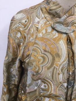 Womens, Sci-Fi/Fantasy Coat/Robe, MTO, Brown, Caramel Brown, Silver, Slate Blue, Silk, Swirl , Ch56, Swirling Floral Paisley Embroidery, Snap and Hook & Eyes Front, Pleated, Raglan Long Sleeves, 3" Stand Crossover Collar , Pleated Center Back, Calf Length