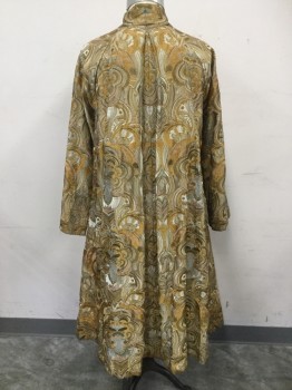 Womens, Sci-Fi/Fantasy Coat/Robe, MTO, Brown, Caramel Brown, Silver, Slate Blue, Silk, Swirl , Ch56, Swirling Floral Paisley Embroidery, Snap and Hook & Eyes Front, Pleated, Raglan Long Sleeves, 3" Stand Crossover Collar , Pleated Center Back, Calf Length