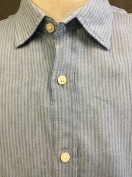 BLOOMINGDALE, Baby Blue, Lt Gray, Linen, Stripes - Vertical , Baby Blue with Light Gray Vertical Stripes, Collar Attached, Button Front, Short Sleeves with Cuff