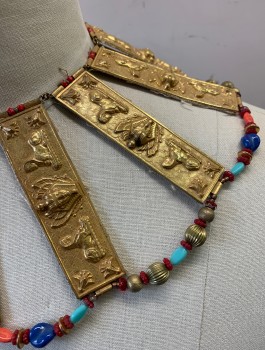 Unisex, Historical Fiction Collar, N/L MTO, Gold, Multi-color, Metallic/Metal, Beaded, Gold Metal Rectangular Plates with Egyptian Embossed Details, Multicolor Beads Connecting Them, Made To Order
