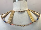 Unisex, Historical Fiction Collar, N/L MTO, Gold, Multi-color, Metallic/Metal, Beaded, Gold Metal Rectangular Plates with Egyptian Embossed Details, Multicolor Beads Connecting Them, Made To Order