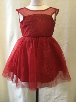 Childrens, Party Dress, Lilt, Red, Polyester, Solid, 5, Red Tulle Dress with Red Glitter. Velvet Ribbon/tie at Waist, Sleeveless, Zipper CB.