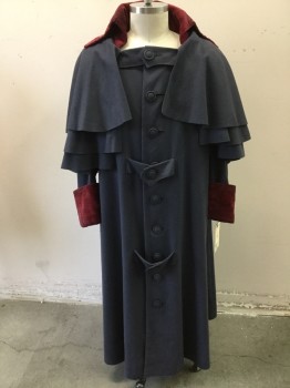 Mens, Historical Fiction Coat, MTO, Gray, Wine Red, Wool, Polyester, Solid, 42, Great Coat, Gray Felted Wool, Wine Velvet Trimmed Collar & Cuffs, Three Tiered Attached Capelett, Button Front, with 3 Button Tabs