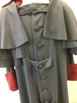 Mens, Historical Fiction Coat, MTO, Gray, Wine Red, Wool, Polyester, Solid, 42, Great Coat, Gray Felted Wool, Wine Velvet Trimmed Collar & Cuffs, Three Tiered Attached Capelett, Button Front, with 3 Button Tabs