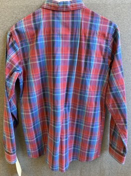 OLD NAVY, Red Burgundy, Blue, Turquoise Blue, Red, Navy Blue, Cotton, Plaid, Button Front, Collar Attached, Long Sleeves, 1 Pocket,