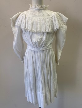 Childrens, Dress 1890s-1910s, N/L, White, Cotton, Solid, W:22, C:23, Lightweight Cotton Batiste, Long Sleeves, Large Ruffle Around Shoulders with Lace Edge, High Neckline with Lace Ruffle, Bodice Attached to Underlayer, Button Closures in Back, **Mended Throughout